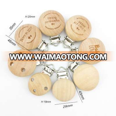 35mm Custom Logo Natural Wooden Plain Round Baby Teething Pacifier Metal Clip