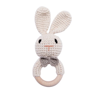 High Quality Custom Cute Animal Wooden Handmade Crochet Rabbit Baby Teether Rattle