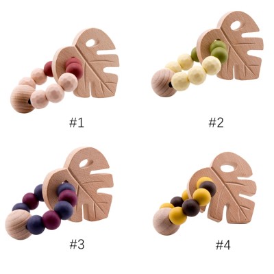 Wholesale Wooden Organic Silicone Bracelet Turtle Leaf Teether Toy Wooden Long Teeth Rattle