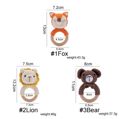 Wholesale Natural Wooden Baby Toys Cotton Crochet Animal Ring Baby Rattle Teether