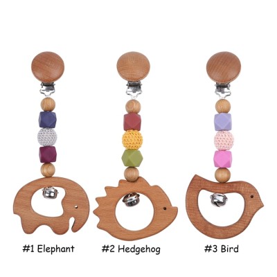 Wholesales Baby Wooden Teether Olive Oil Beech Wood Animal Crochet Hook Short Stroller Chain