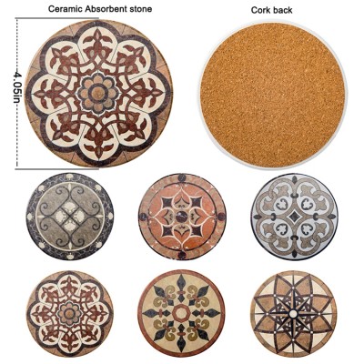 Color mandala style desktop water coaster set cork fast absorption coaster