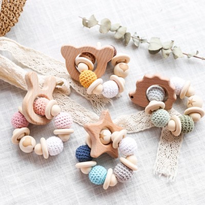 New Design DIY Wooden Bead Knitted Bracelet Teether Baby Crochet Chewing Toy