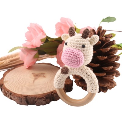 Organic Cow Crochet Woodem Ring Natural&Safety Gift Sensory Toy Baby Teether