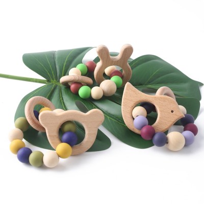 Chewable Silicone Beads Wooden Teether Ring Rattle Baby Newborn Gift Teething Bracelet