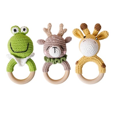 Handmade Animal Shaped Crochet Wooden Ring Rattle Teething Toy Baby Teether