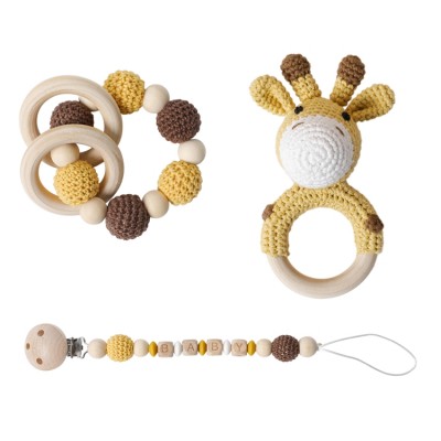 Wooden Crochet Animal Teether Food Grade Organic Baby Rattle Toy And Bracelet Pacifier Chain Set