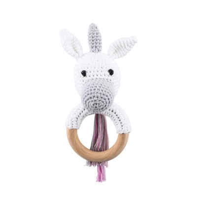 Wholesale Natural Wooden Baby Toys Cotton Crochet Animal Ring Unicorn Rattle Teether