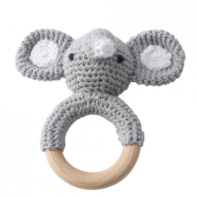 Hot Sale Crochet elephant Teething Wooden Ring  Baby Teether sensory toys