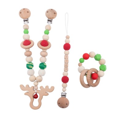 Eco-friendly Beech Animal Crochet wooden beads Silicone Bead  hanging wood bead Garland Christmas stroller chain